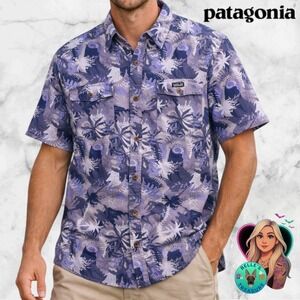 Patagonia Men's L Steersman Shirt Button Down Wild Waratah Dolomite Blue Hawiian